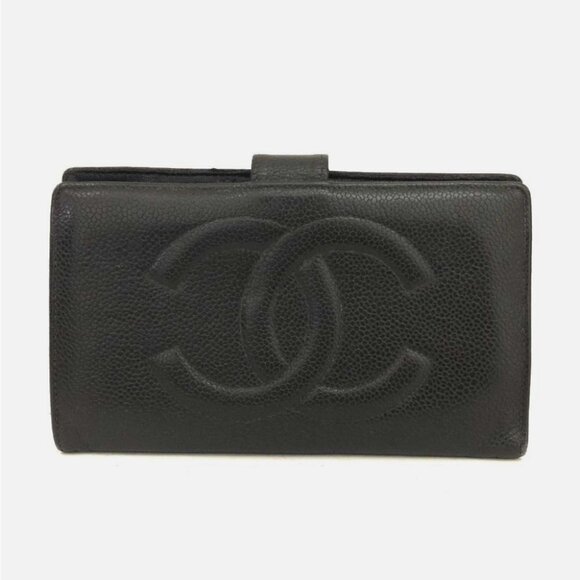 CHANEL CC Logo Grained Calfskin Leather Long Bifold Wallet Black 100% Authentic - Picture 1 of 8